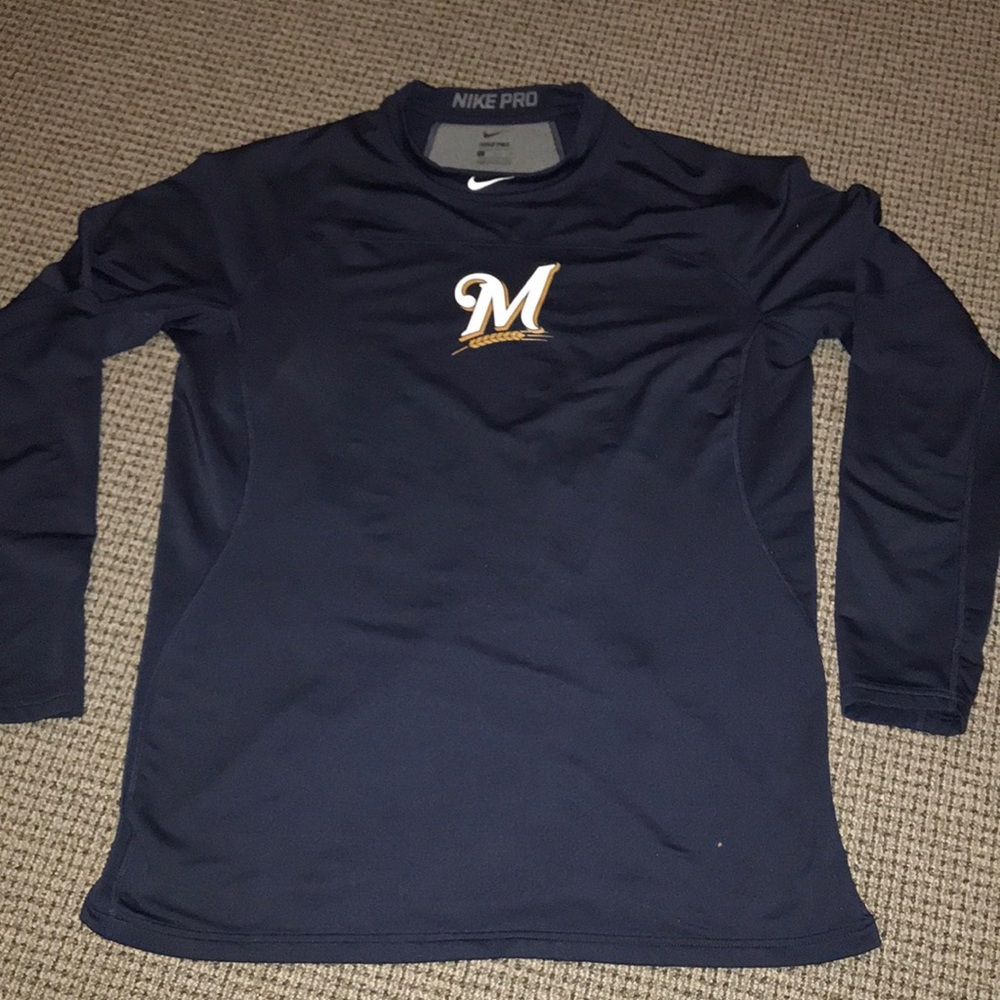 Milwaukee BrewersNike Pro Navy Blue Long Sleeve Performance Shirt with Gold Logo